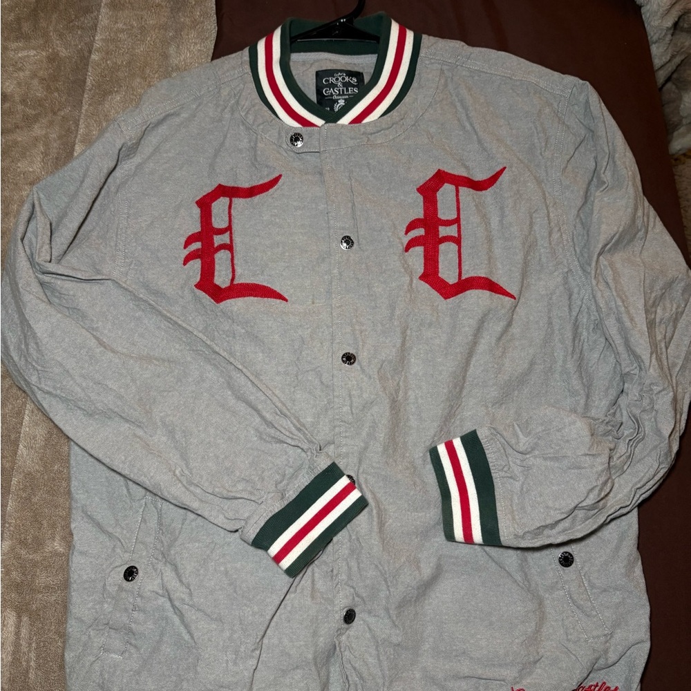 Crooks & Castles Gray and Red Varsity Bomber Jacket